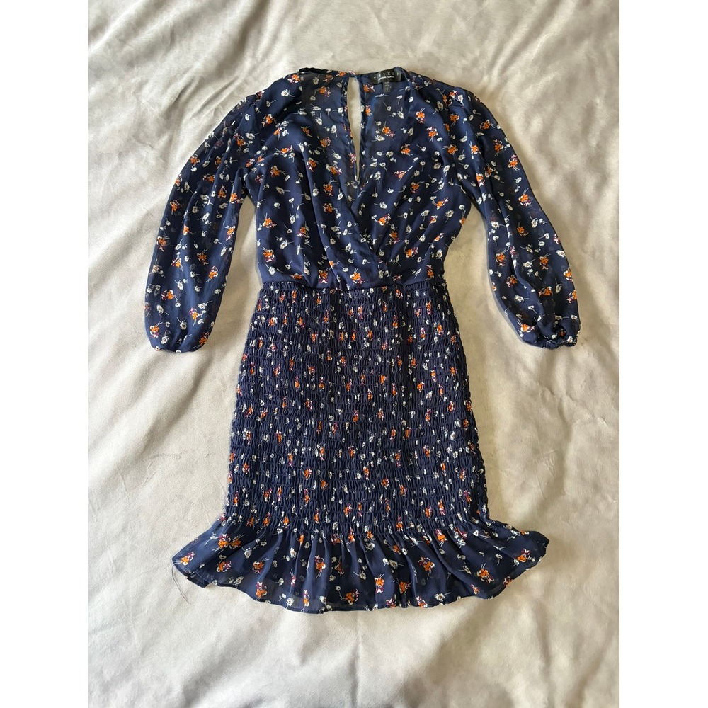 Trixxi Navy Blue Floral Smocked Mini Dress Long Sleeve V-Neck Ruffle Hem Small